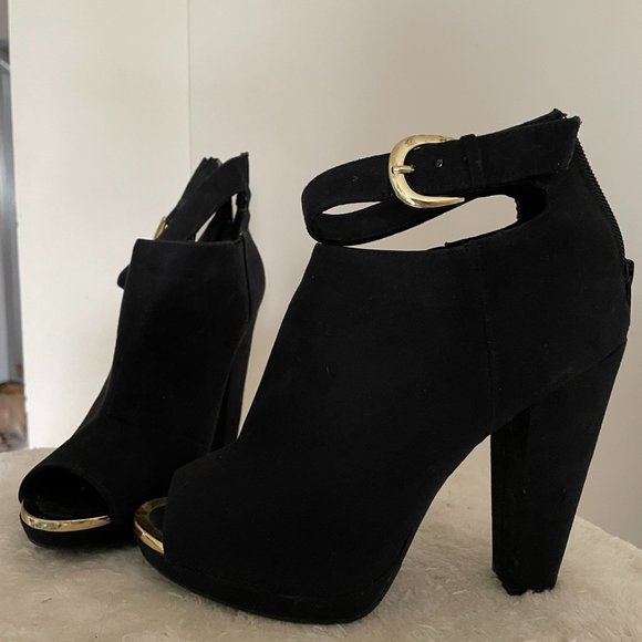 Loved, VGUC H&M Black Suede Peep Toe Booties with Gold Details 7.5/8 - Picture 1 of 8